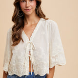 Carla Floral Embroidery Front Tie Blouse