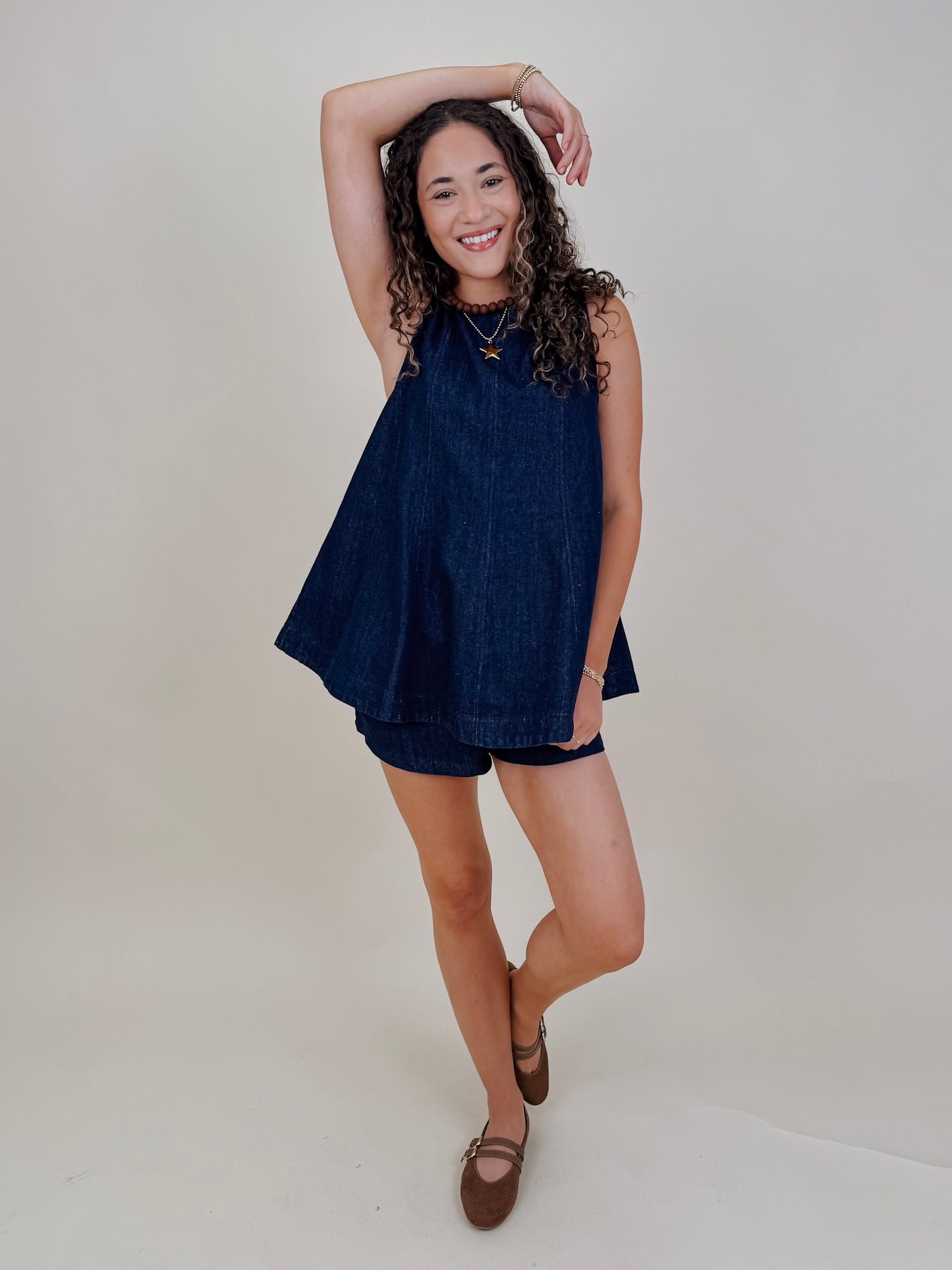 Joy in the Details Set with dark wash denim swing top and matching shorts — Paper Doll