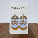 Lotus Fringe Earrings with powder-blue beadwork, gold lotus filigree, and gold fringe — Paper Doll