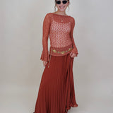 Sierra Casual Top in terracotta open lace knit with bell sleeves — Paper Doll