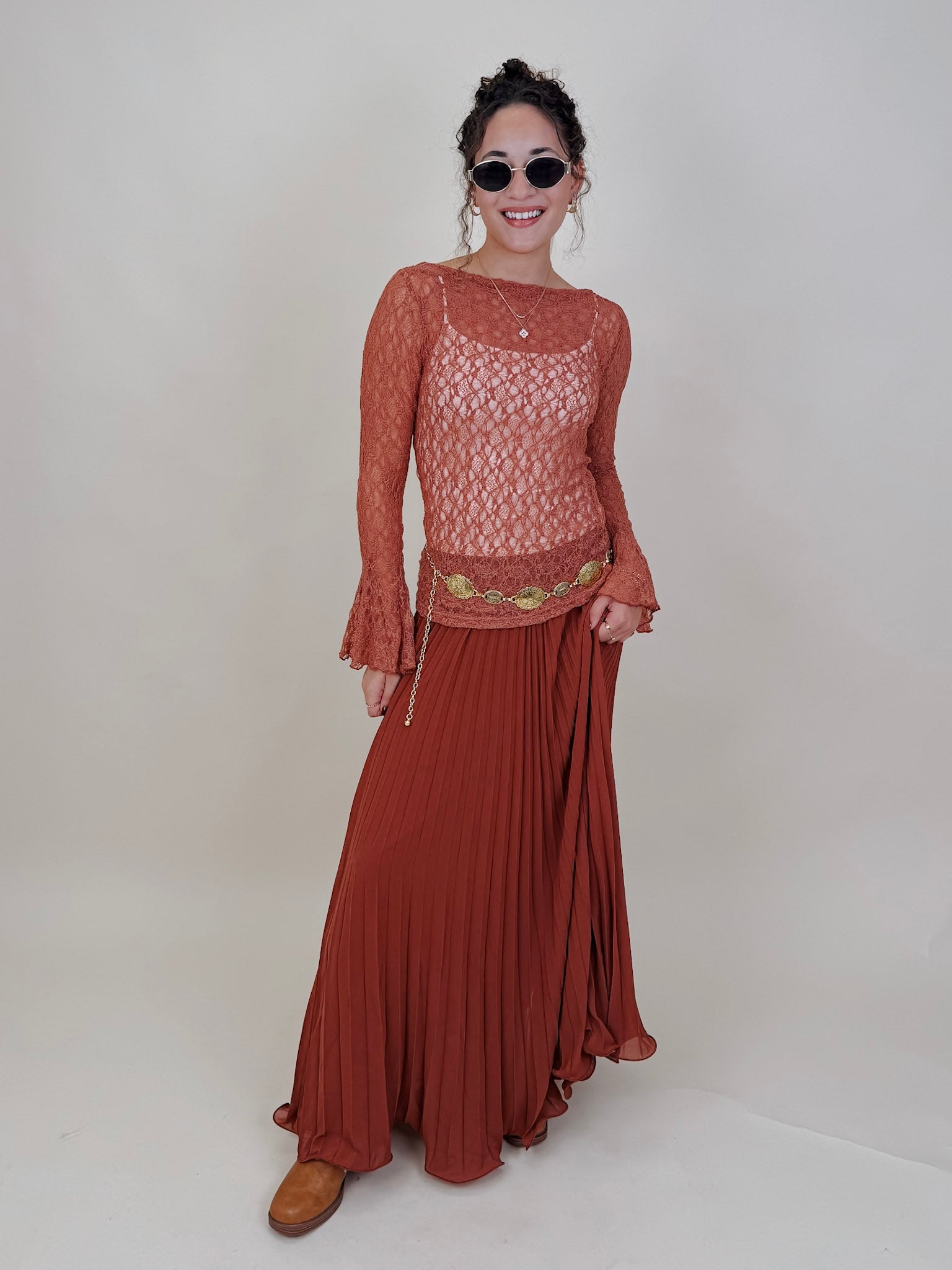 Flora Maxi Skirt in rust accordion pleated polyester — Paper Doll