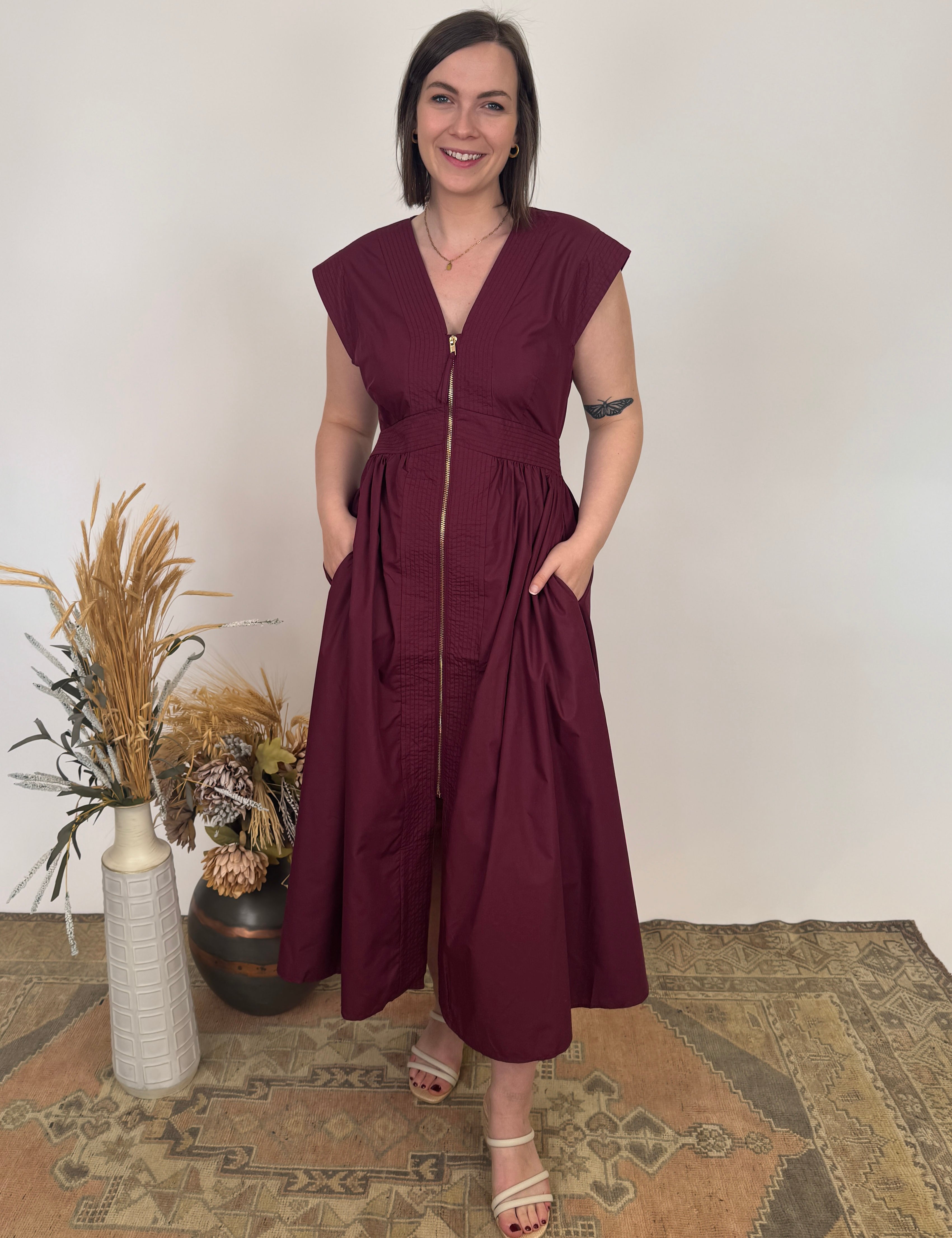 Dawn V-Neck Front Zipper Midi Dress