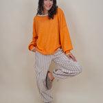 Betsy Wide-Leg Cargo Pant in oatmeal and cream stripe with flap cargo pockets and gathered ankle — Paper Doll