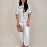 Palm Breeze Blouse in cream with olive and lavender palm tree print and puff sleeves — Paper Doll