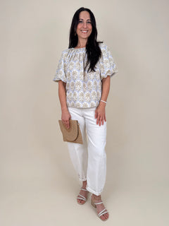 Palm Breeze Blouse in cream with olive and lavender palm tree print and puff sleeves — Paper Doll