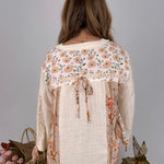 Sweet As Honey Floral Button Blouse in cream and peach patchwork with lace trim and balloon sleeves - woman wearing bohemian cotton blouse