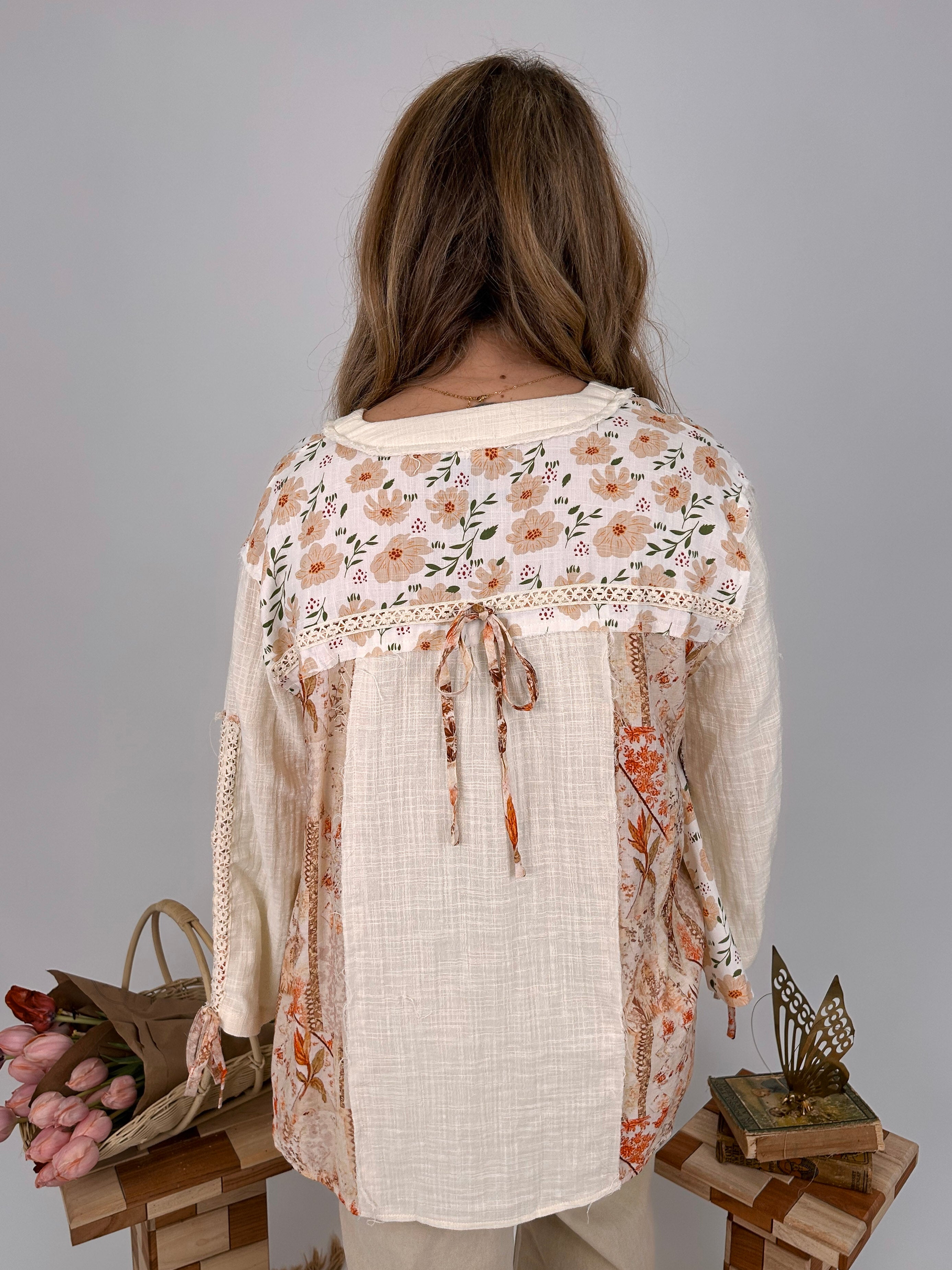 Sweet As Honey Floral Button Blouse in cream and peach patchwork with lace trim and balloon sleeves - woman wearing bohemian cotton blouse