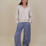 Jasmine Knit Top in oatmeal with diamond quilted and waffle knit panels — Paper Doll