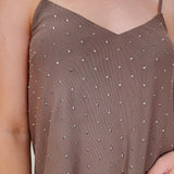 Rhinestud Blouse in mocha mesh with scattered rhinestones — Paper Doll