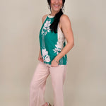 Bahama Oceans Halter Top in teal with cream botanical floral print and halter neckline — Paper Doll
