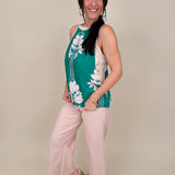 Bahama Oceans Halter Top in teal with cream botanical floral print and halter neckline — Paper Doll

