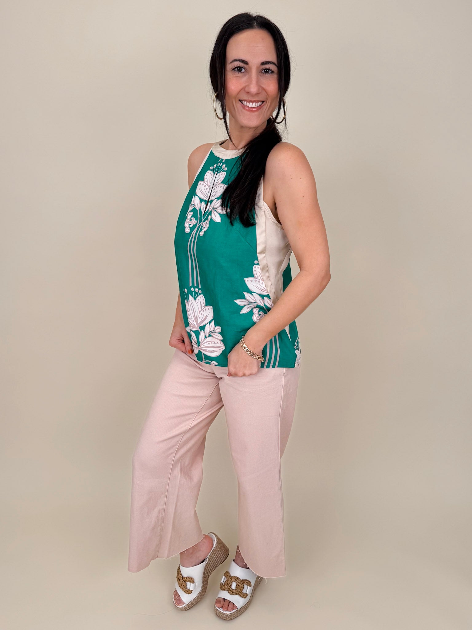 Bahama Oceans Halter Top in teal with cream botanical floral print and halter neckline — Paper Doll
