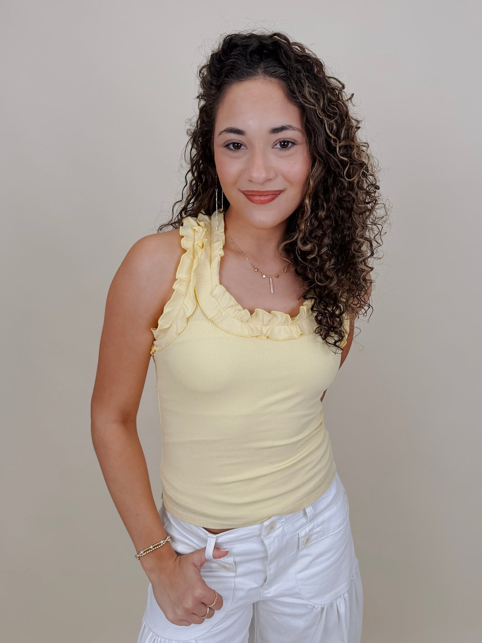 Tammy Ruffle Tank in butter yellow with a ruffle shoulder and neckline — Paper Doll
