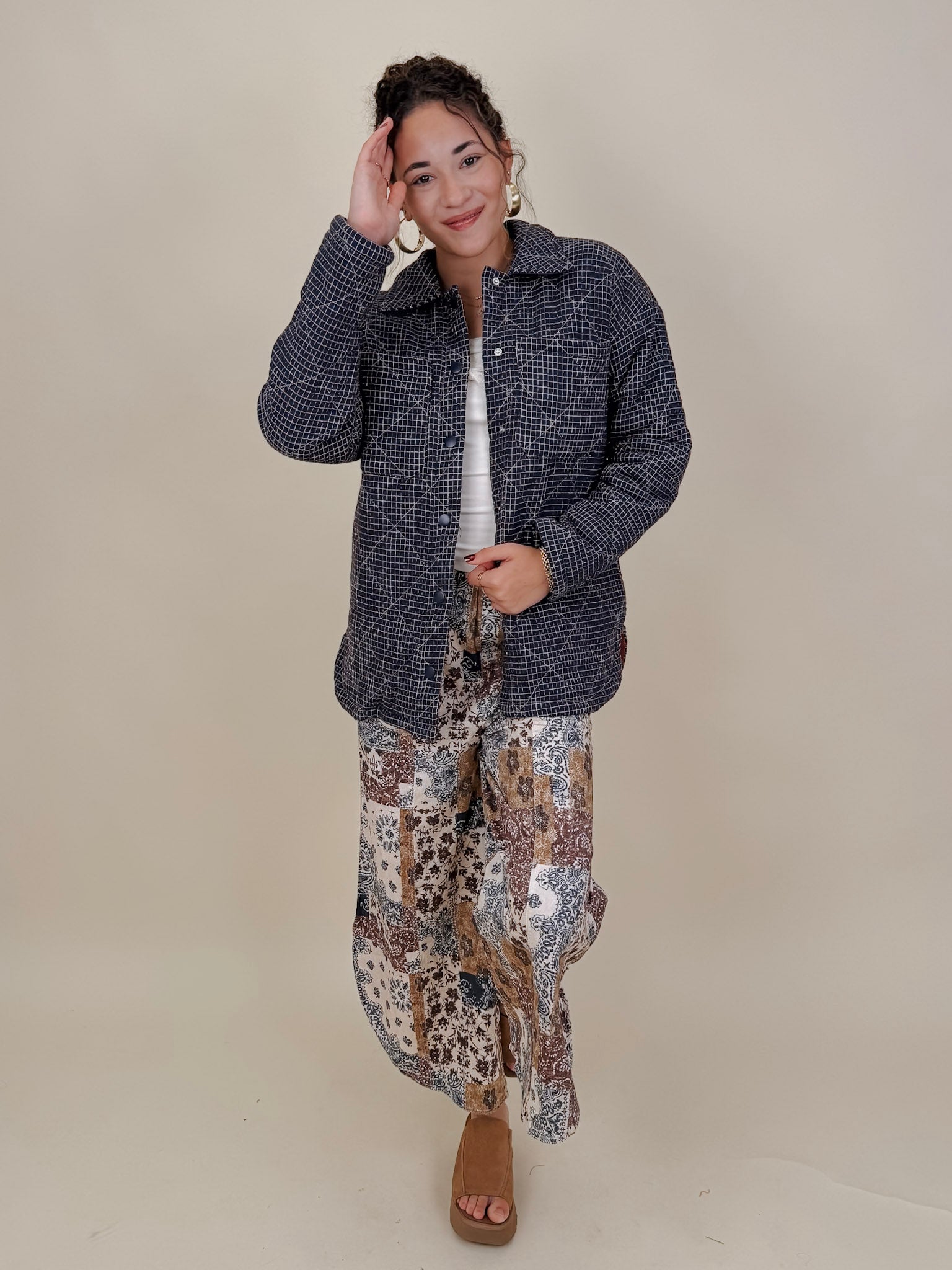 Fair Season Pant in cream and navy bandana patchwork print — Paper Doll