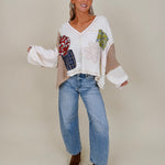 Patch It Up Knit Blouse in cream patchwork knit with floral patches and crochet flower — Paper Doll