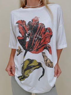 Nadine Flower Graphic Tee in white with a vintage botanical flower print — Paper Doll
