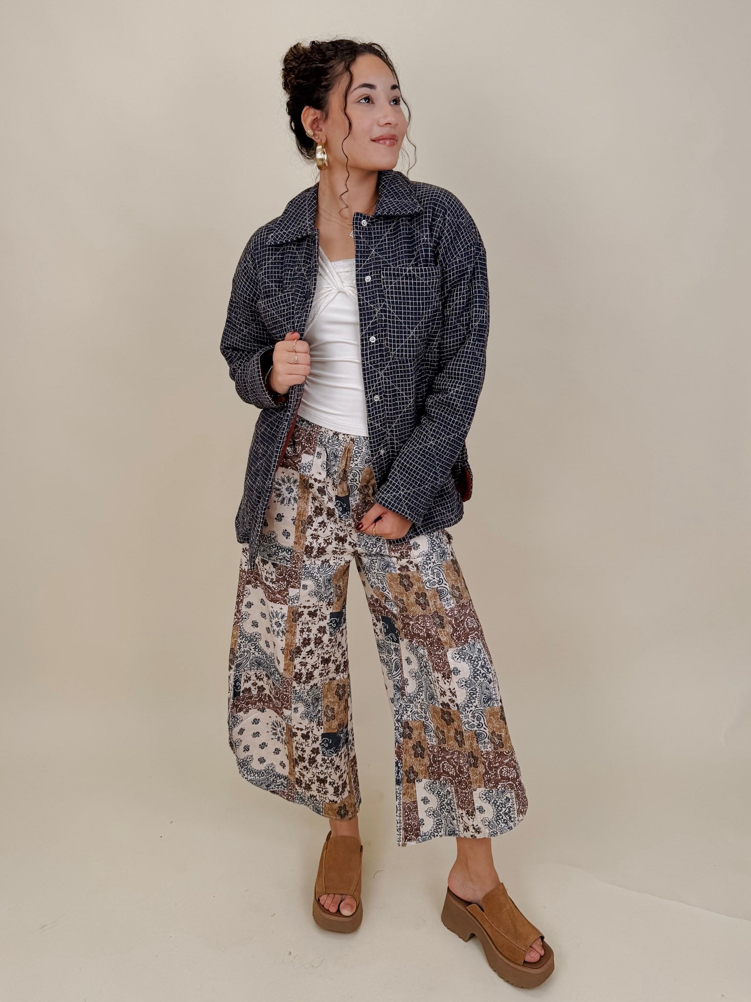 Fair Season Pant in cream and navy bandana patchwork print — Paper Doll