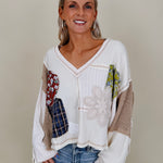 Patch It Up Knit Blouse in cream patchwork knit with floral patches and crochet flower — Paper Doll