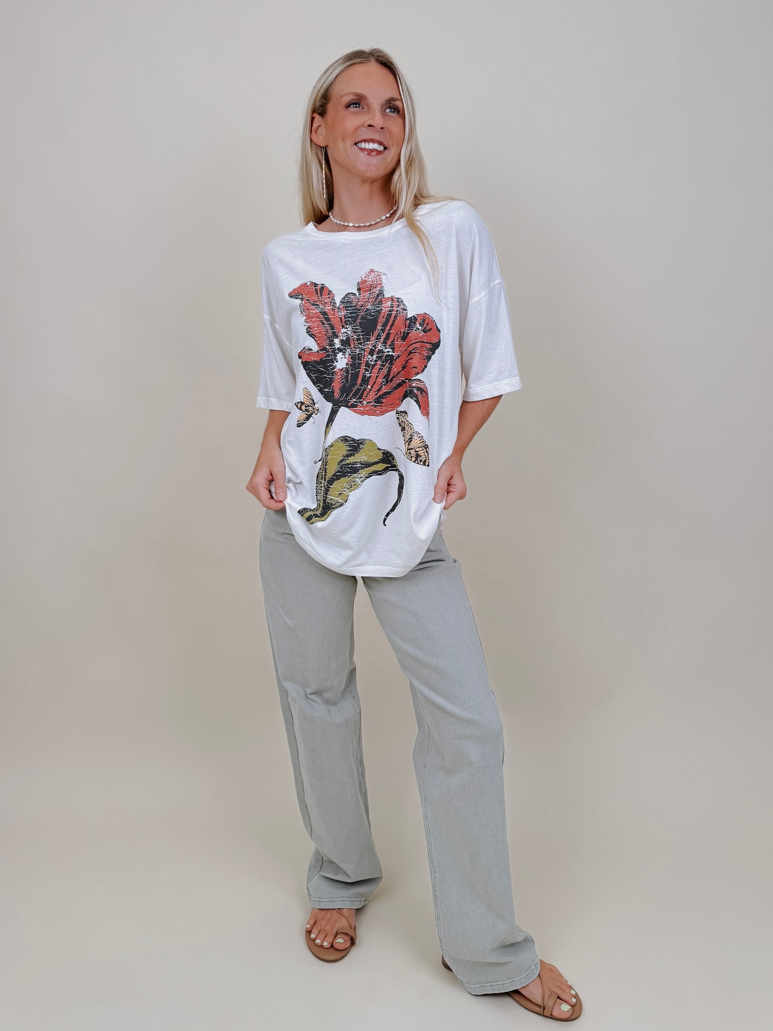 Nadine Flower Graphic Tee in white with a vintage botanical flower print — Paper Doll
