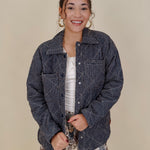 Twilight Cozy Jacket in navy grid check with diamond quilting and snap front — Paper Doll