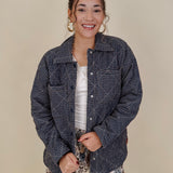 Twilight Cozy Jacket in navy grid check with diamond quilting and snap front — Paper Doll