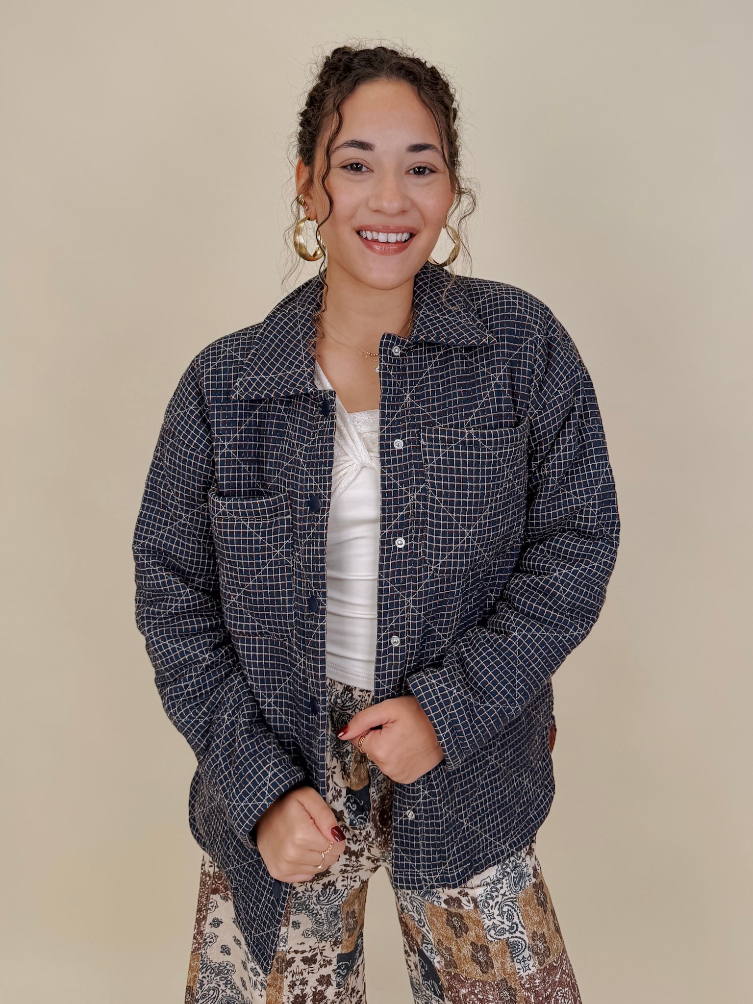 Twilight Cozy Jacket in navy grid check with diamond quilting and snap front — Paper Doll