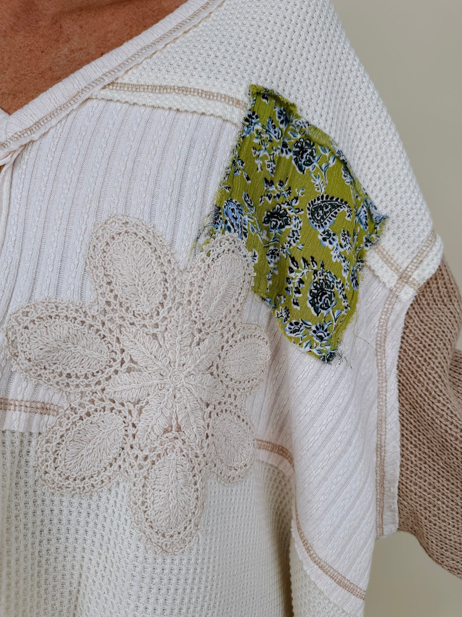 Patch It Up Knit Blouse in cream patchwork knit with floral patches and crochet flower — Paper Doll