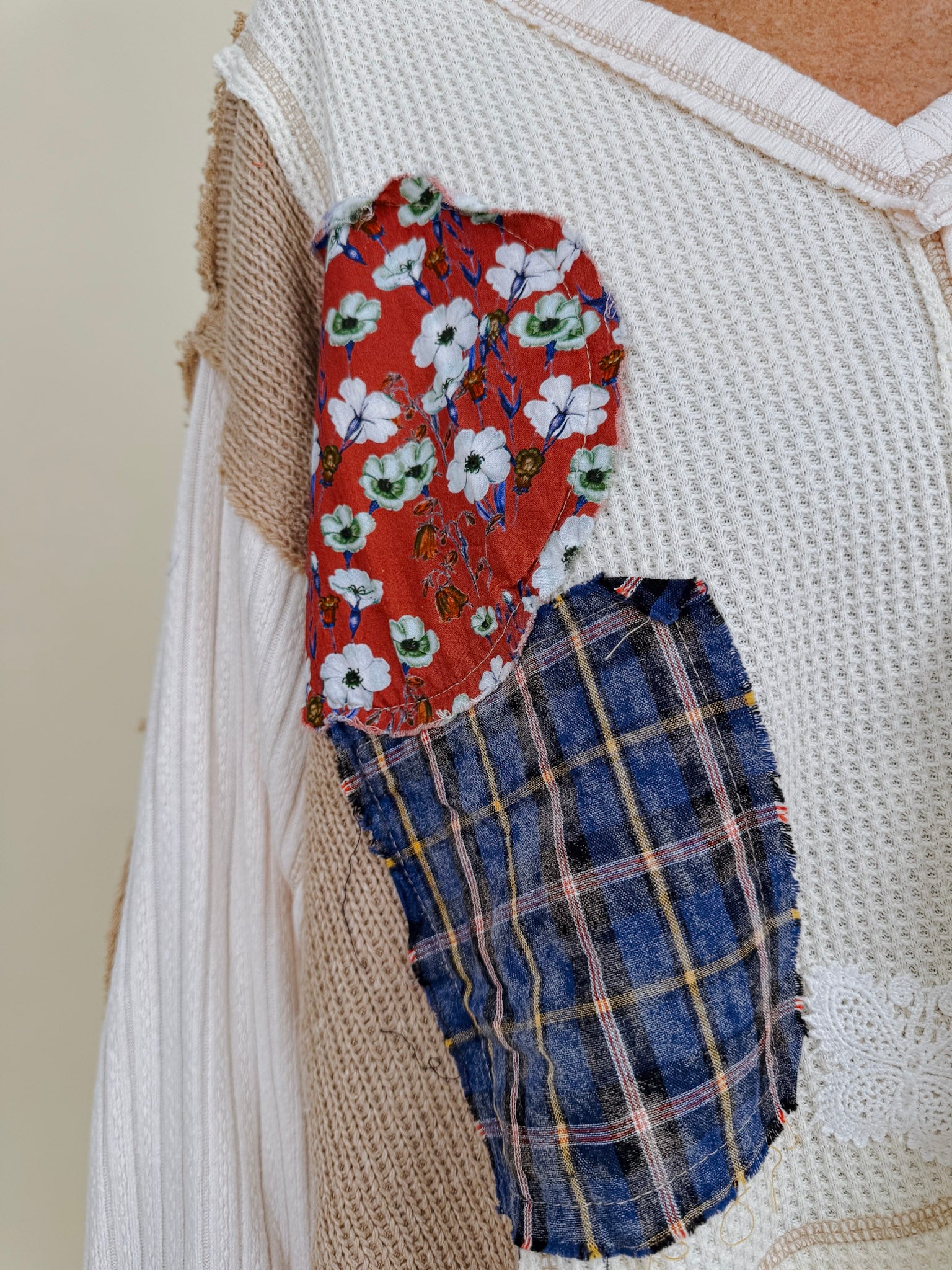 Patch It Up Knit Blouse in cream patchwork knit with floral patches and crochet flower — Paper Doll