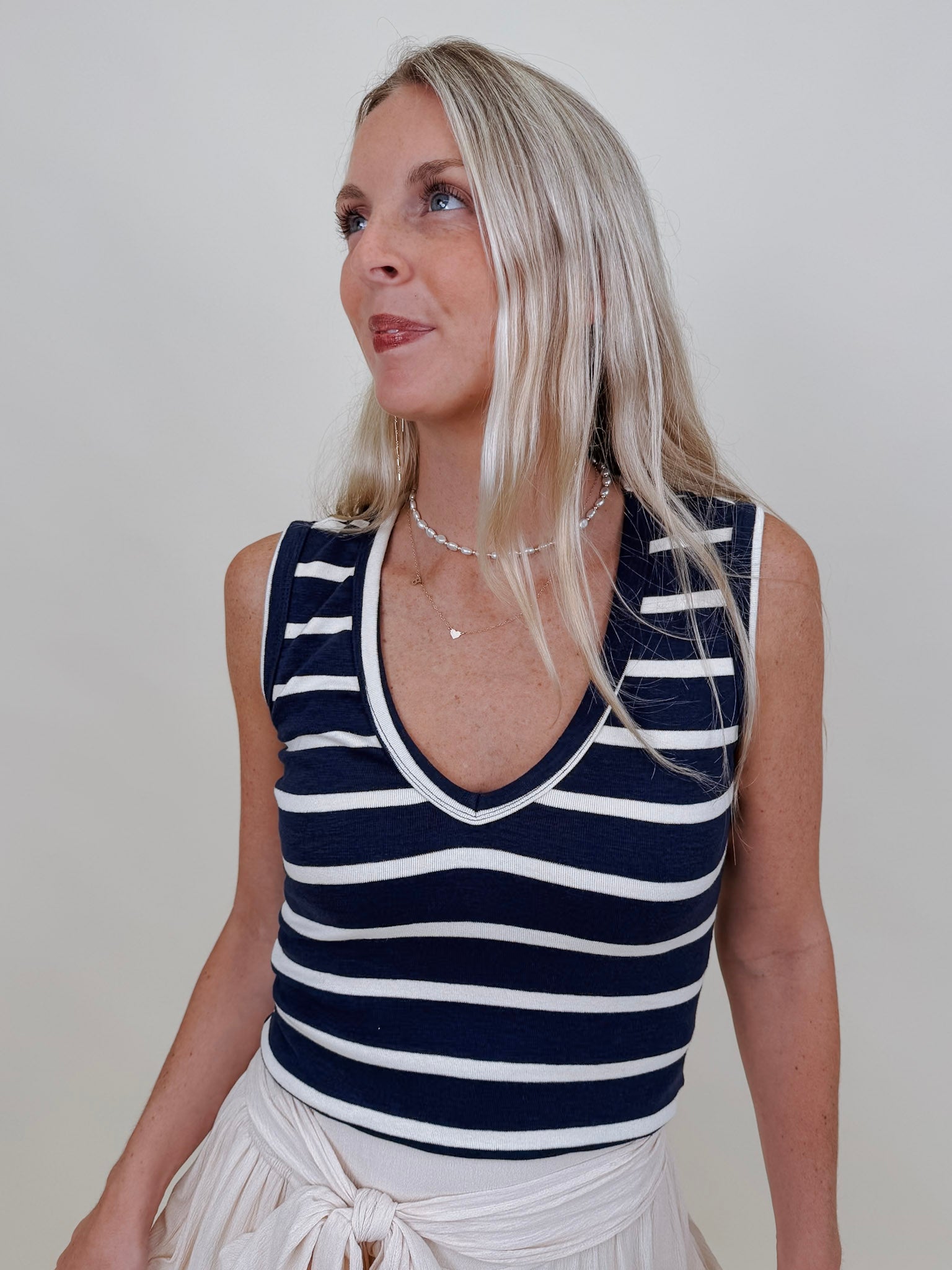 Dana Striped Tank in navy and cream stripes with a V-neck — Paper Doll
