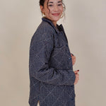 Twilight Cozy Jacket in navy grid check with diamond quilting and snap front — Paper Doll