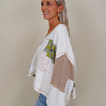Patch It Up Knit Blouse in cream patchwork knit with floral patches and crochet flower — Paper Doll