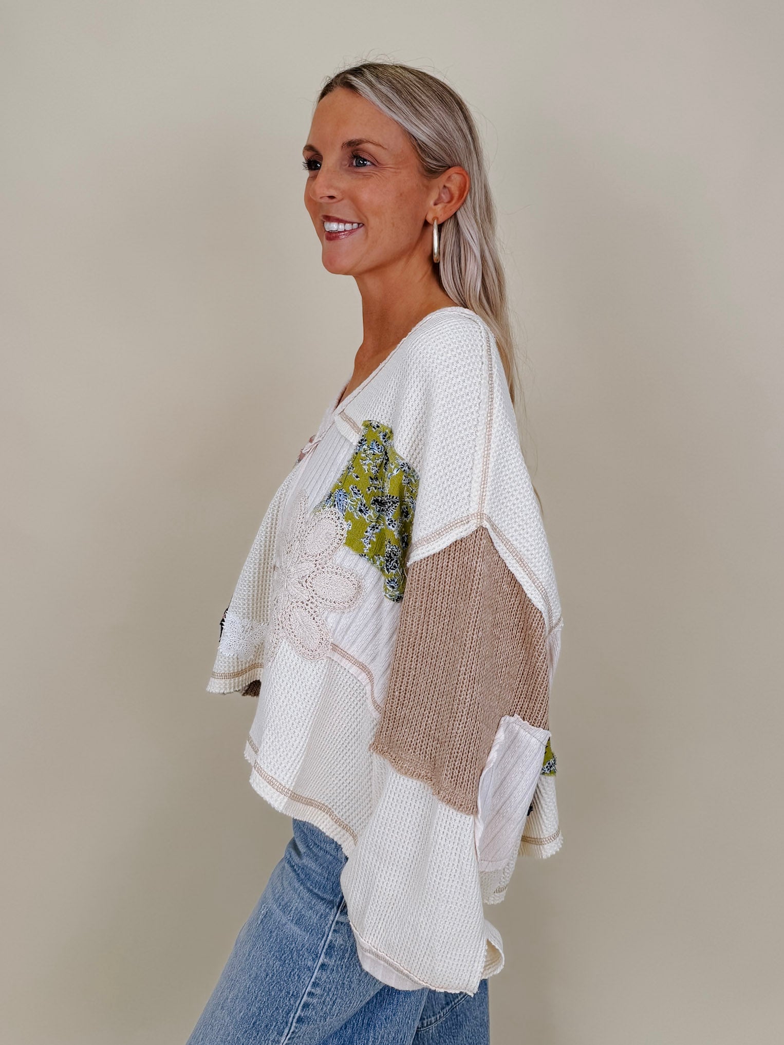 Patch It Up Knit Blouse in cream patchwork knit with floral patches and crochet flower — Paper Doll