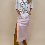 Sally Lace Trim Midi Skirt in lavender satin with scalloped lace side slit and bow ties — Paper Doll