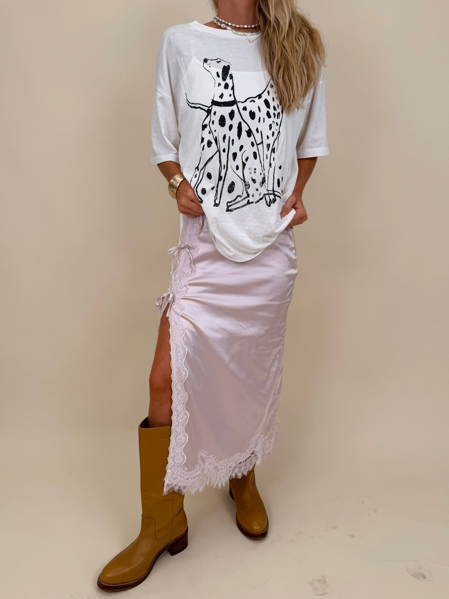 Dalmatian Graphic Tee with black sketch-style dalmatian print on ivory — Paper Doll
