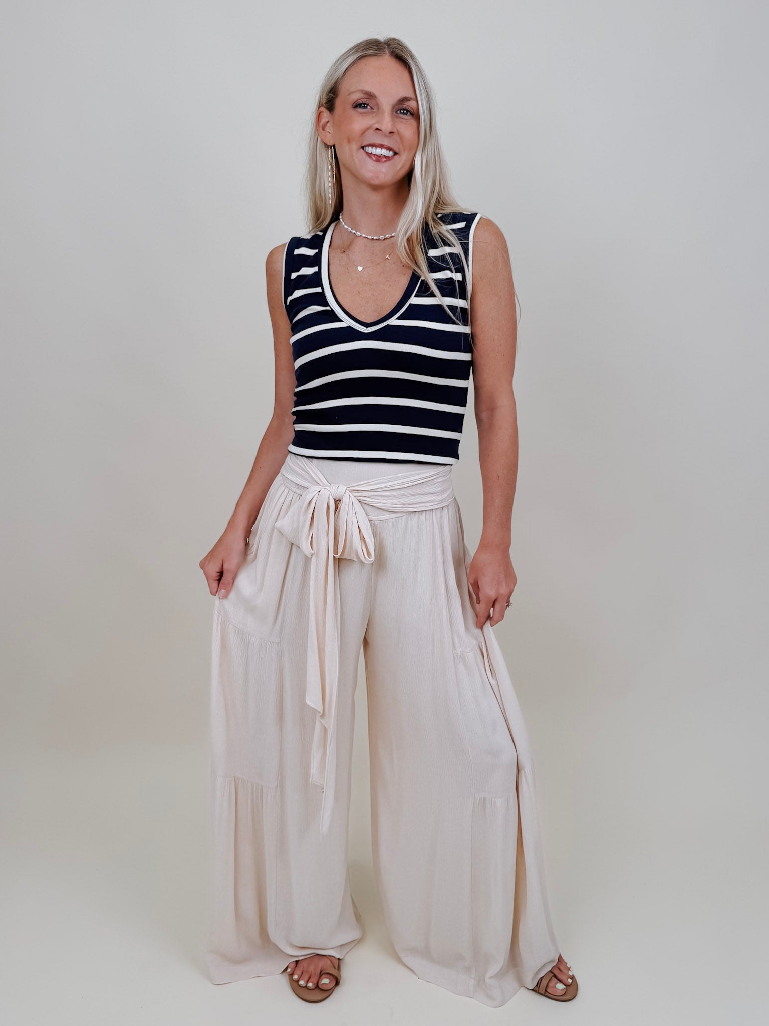 Dana Striped Tank in navy and cream stripes with a V-neck — Paper Doll
