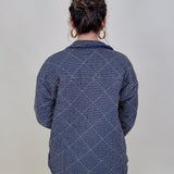 Twilight Cozy Jacket in navy grid check with diamond quilting and snap front — Paper Doll