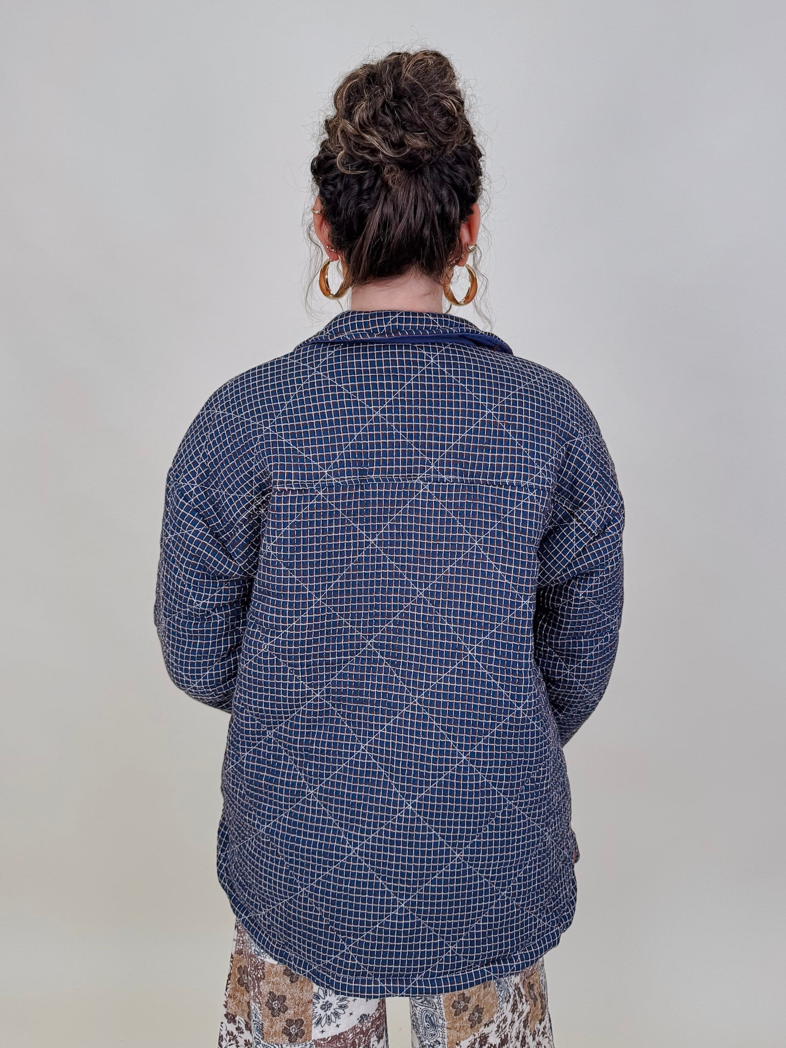 Twilight Cozy Jacket in navy grid check with diamond quilting and snap front — Paper Doll