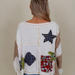 Patch It Up Knit Blouse in cream patchwork knit with floral patches and crochet flower — Paper Doll