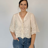 Carla Floral Embroidery Front Tie Blouse