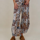Fair Season Pant in cream and navy bandana patchwork print — Paper Doll