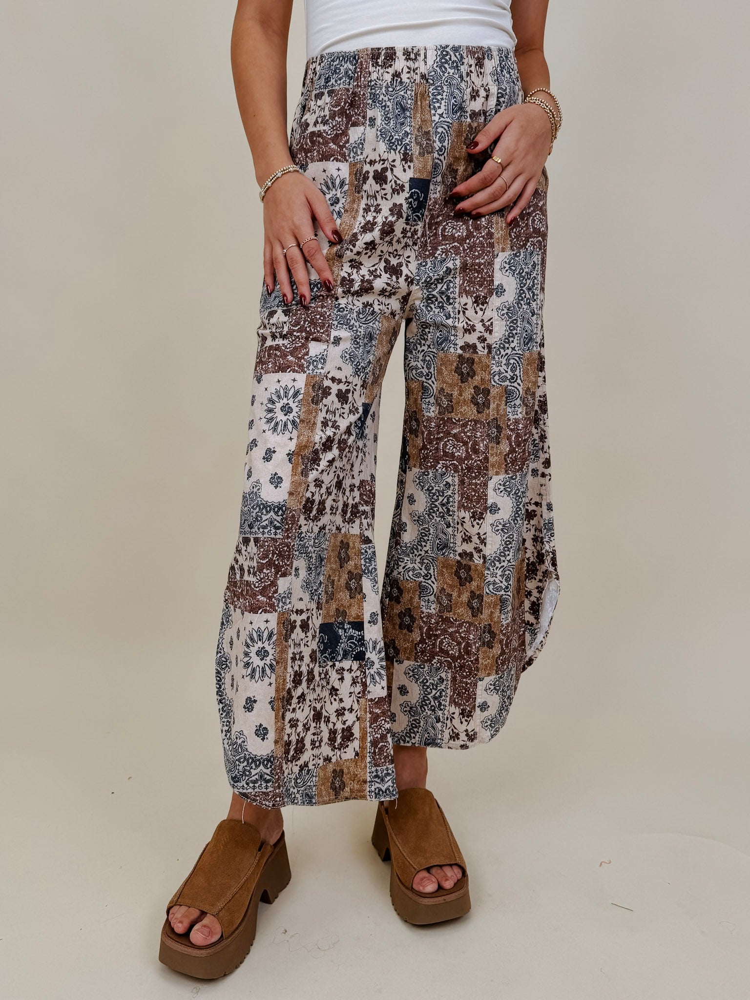 Fair Season Pant in cream and navy bandana patchwork print — Paper Doll