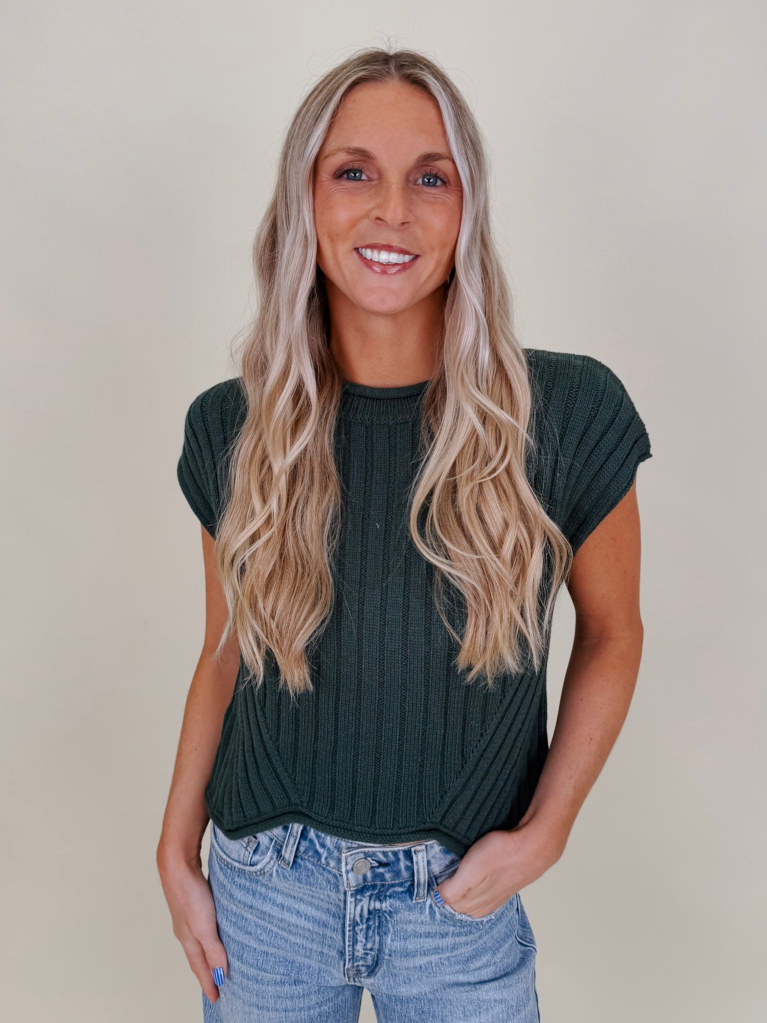Miranda May Sweater Vest in dusty green ribbed knit with rolled crew neck — Paper Doll