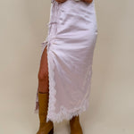 Sally Lace Trim Midi Skirt in lavender satin with scalloped lace side slit and bow ties — Paper Doll