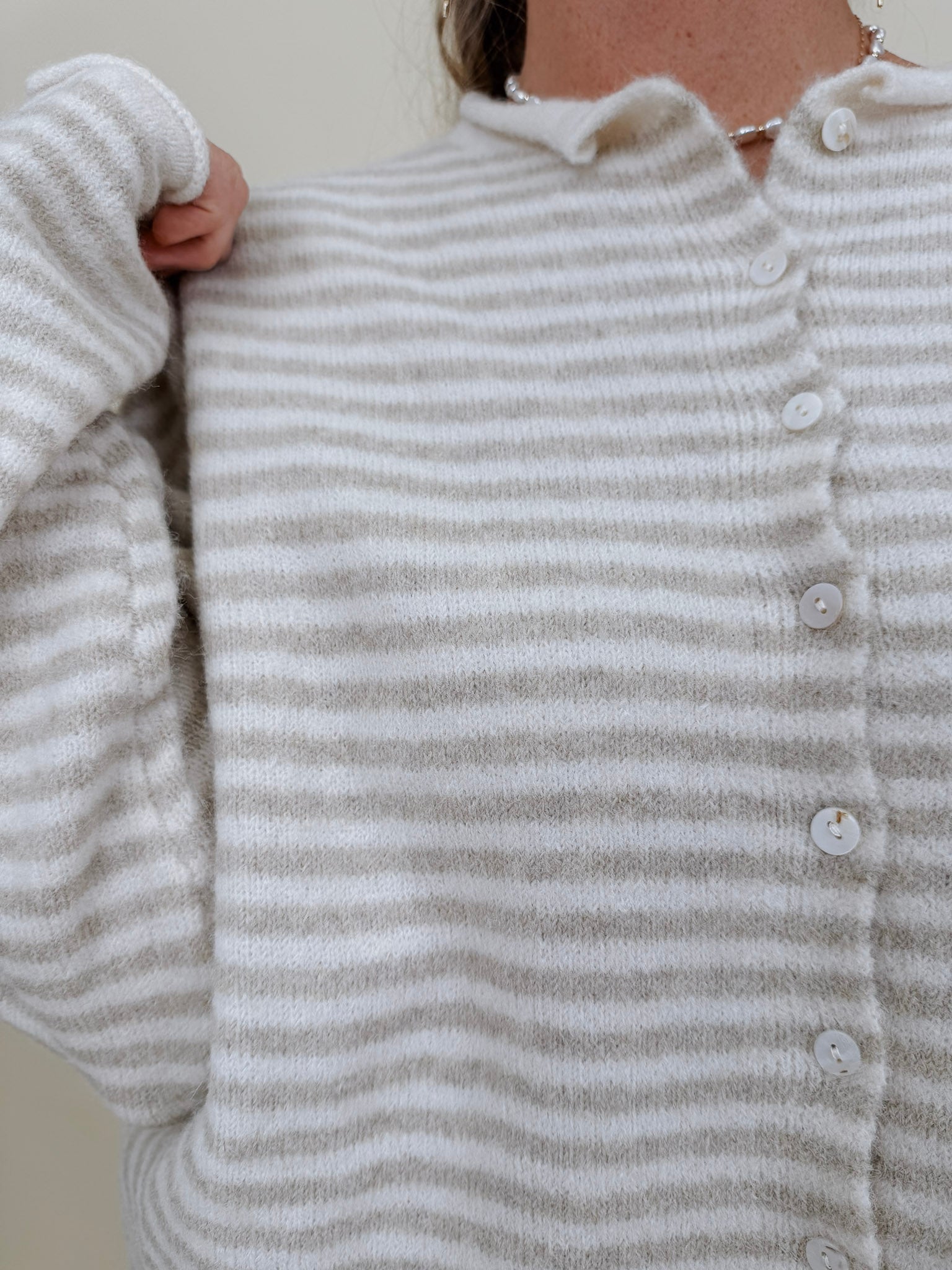 Heartstrings Tugged Striped Cardigan in oatmeal and cream stripes with a button front — Paper Doll
