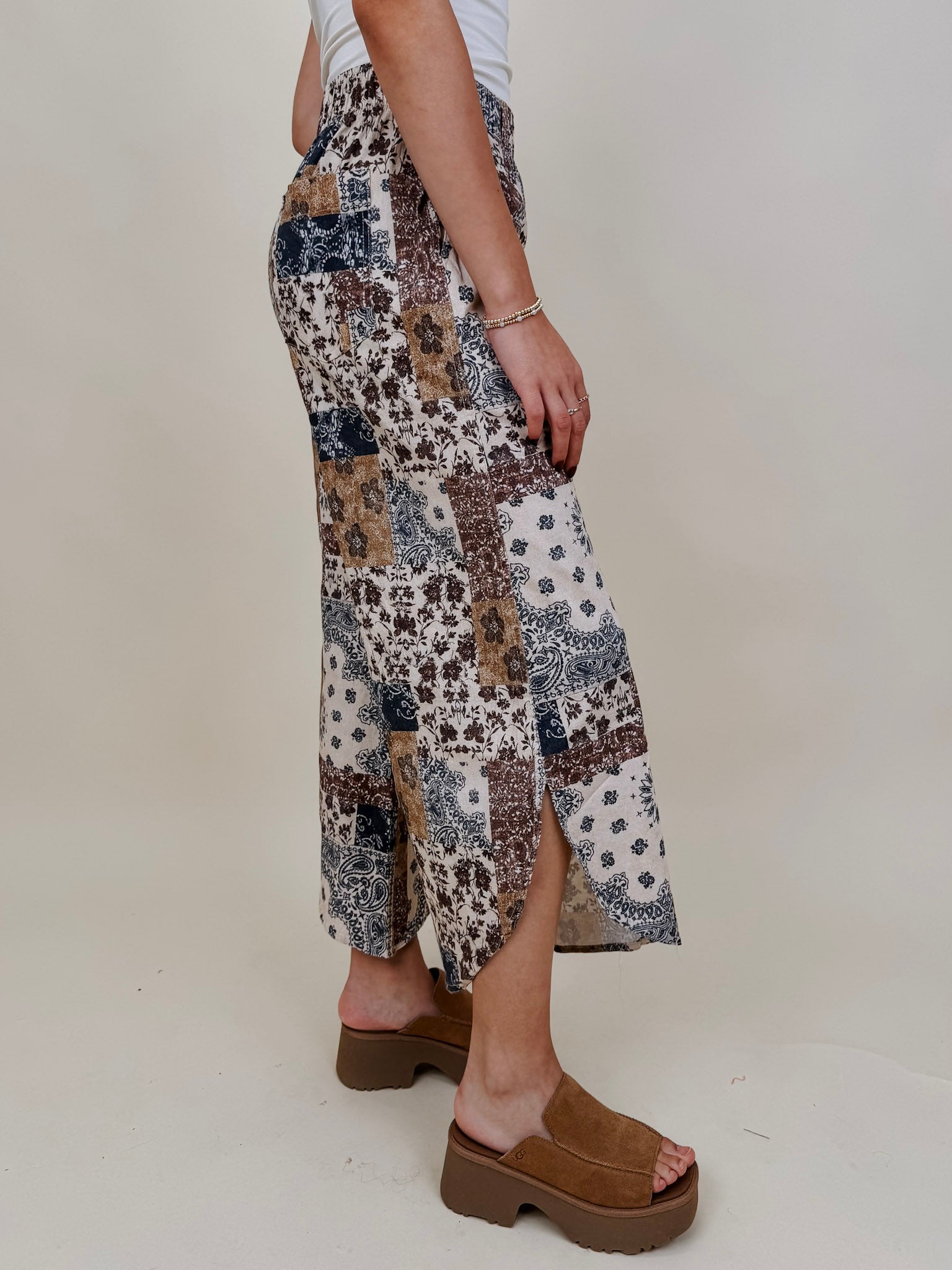 Fair Season Pant in cream and navy bandana patchwork print — Paper Doll