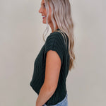 Miranda May Sweater Vest in dusty green ribbed knit with rolled crew neck — Paper Doll