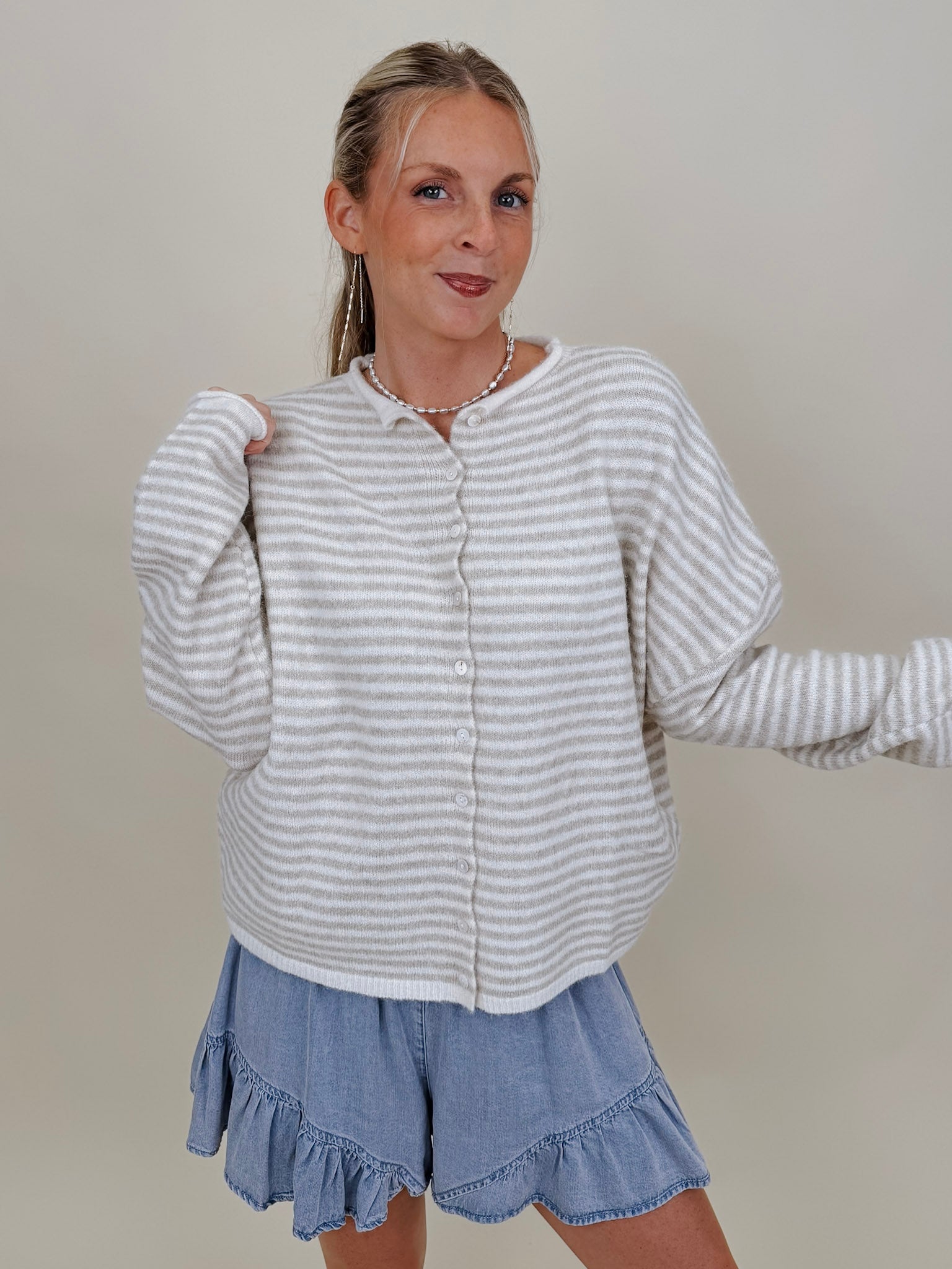 Heartstrings Tugged Striped Cardigan in oatmeal and cream stripes with a button front — Paper Doll
