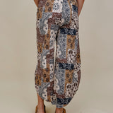 Fair Season Pant in cream and navy bandana patchwork print — Paper Doll