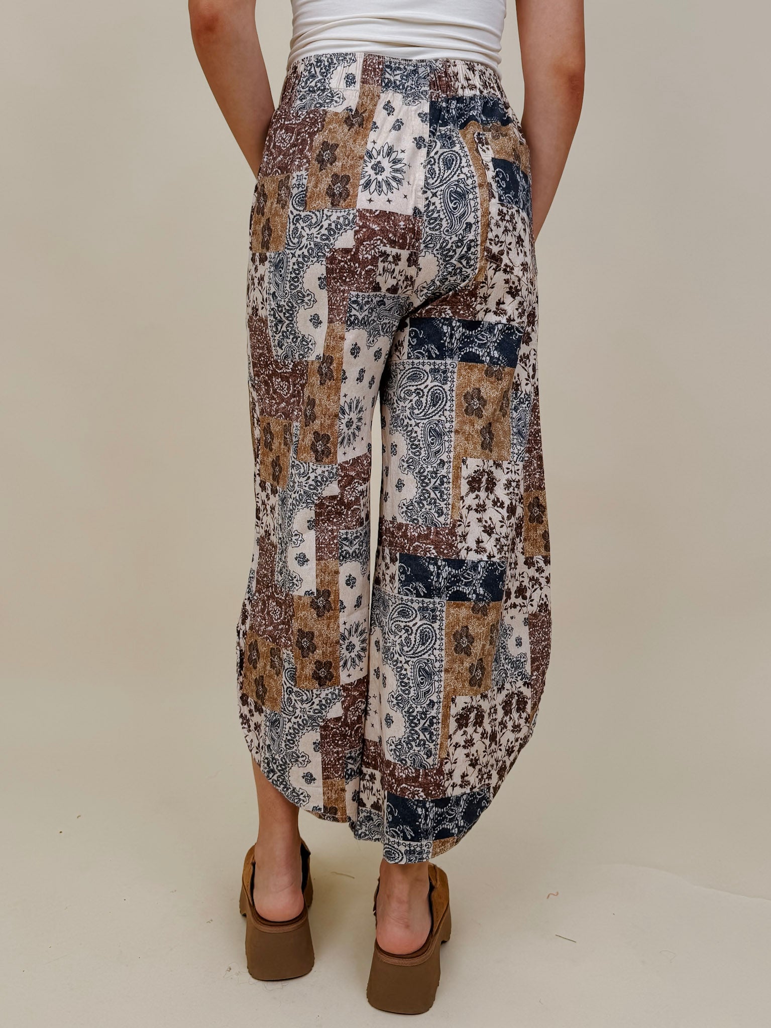 Fair Season Pant in cream and navy bandana patchwork print — Paper Doll