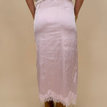 Sally Lace Trim Midi Skirt in lavender satin with scalloped lace side slit and bow ties — Paper Doll